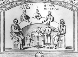 Scéna hostiny z raně křesťanské katakombové fresky v Římě, ilustrace z knihy "Roma Sotterranea" od Antonia Bossiho, vydané v Římě v roce 1632 (dřevoryt) od Antonio Bosio