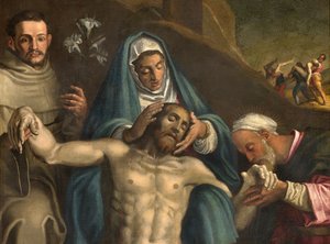 Severní transept, oltář depozice, depozice Krista podporovaná Pannou Marií a svatými Raymondem a Antonínem Paduánským, Antonio Campi 1566, detailní oltářní obraz