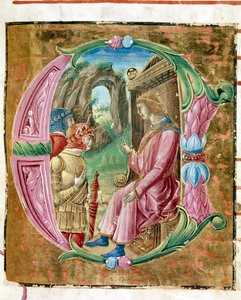 Herode I. Veliký (73-4 př. n. l.) nařizující masakr nevinného Lettrina osvětleného Antoniem Cicognarim. Detail antifonáře. 1483. Cremone, chorál 4, capitolo del duomo
