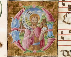 Svatý Jan Křtitel Lettrine osvětlená Antoniem Cicognarim. Detail antifonáře. 1483. Cremone, chorál 4, kapitula katedrály od Antonio Cicognara