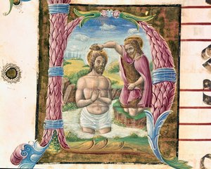 Křest Krista Lettrine osvětlený Antoniem Cicognarim. Detail antifonáře. 1483. Cremone, chorál 4, kapitula katedrály