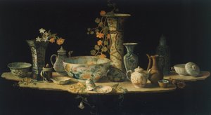 Přípravná malba pro stolní desku z tvrdého kamene s porcelánovými vázami, cca 1875, od Antonia Ciociho (mezi 1722 a 1792), olej na plátně.