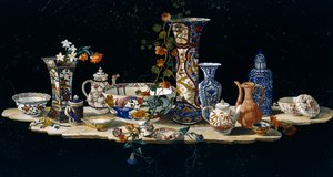 Stolní deska s porcelánovými vázami, cca 1797, polodrahokamová mozaika na mramoru, vytvořená ve velkovévodských dílnách ve Florencii podle modelu Antonia Ciociho (aktivní v 2. polovině 18. století), Itálie, italská kultura
