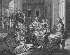 Lucretia a její služebné předení, 1537-45.