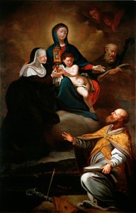 Panna s dítětem, se svatým Erasmem z Formie, svatým Augustinem z Hrocha a svatou Klárou (olej na plátně od Antonio Giolfi