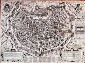 Mapa města Milána upravená Antoniem Lafrerim (Lafrery nebo Lanfrerius) (1512-1577) v roce 1573. Toto je nejstarší mapa ve městě. Milán, Milánské muzeum - Mapa Milána. Nejstarší mapa města z roku 1573, kterou upravil Antonio Lafreri. Itálie, Muzeum Milána