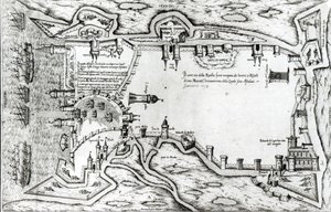 Mapa znázorňující La Rochelle obsazenou hugenoty