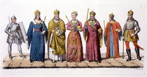 Vůdci a králové Maďarska, z „Le Costume Ancien et Moderne“ od Julese Ferraria, vydáno kolem 20.–30. let 18. století (barevné lito) od Antonio Lanzani
