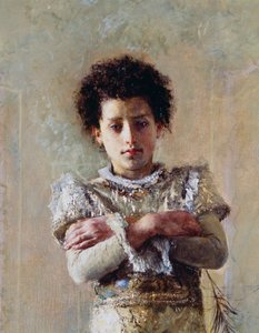 Akrobat, detail, Antonio Mancini (1852-1930), olej na plátně, 250,5x111,5 cm