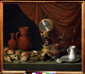 "Zátiší s hodinami" Kyvadlo, džbán, skořápky, ořechy, křišťálové sklo. Obraz Antonia de Pereda y Salgado (1611-1678) 1652 Puškinovo muzeum, Moskva