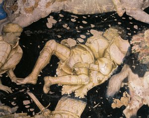 Rytířský námět, detail z turnaje-bitvy u Louvezerp, od Antonia Pisanella (1395-1455), freska. Palazzo Ducale v Mantově. od Antonio Pisanello