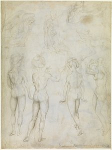 Čtyři studie ženského aktu, Zvěstování a dvě studie plavající ženy, kolem roku 1425 (hrot, pero a tužka hnědou barvou na pergamenu) od Antonio Pisanello