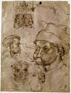 Čtyři mužské hlavy, z nichž dvě mají tři tváře. Oltářní obraz. Kůň. Kresby z dílny Antonia di Puccio Pisano dit Pisanello (1395-1455). Hnědý inkoust, pero (kresba), krev. Rozměr: 27,1 x 20,5 cm. Louvre, Kabinet medailí. od Antonio Pisanello