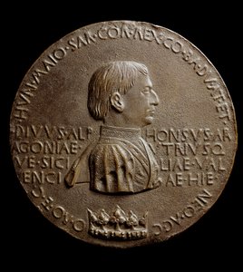 Medaile Alfonse V. Aragonského (Alfonso Magnanimus nebo Veliký). V italštině Alfonso Veliký nebo Alfonso V. Aragonský od Antonio Pisanello