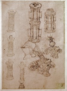 Tři helmy zakončené cestičkami a dva kusy děl byly zničeny. Kresba Antonio di Puccio Pisano dit Pisanello (1395-1455) Hnědá tuš, černý kámen, peříčko. Rozměr: 28,7 x 20,6 cm. Louvre, kreslířská firma od Antonio Pisanello
