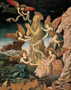 Nanebevzetí svaté Marie Egyptské nebo Nanebevzetí svaté Máří Magdalény, Antonio Benci známý jako Pollaiuolo (1431-ca 1498), olej a tempera na dřevě od Antonio Pollaiuolo