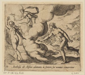 Arethusa wordt achtervolgd dveře Alpheus Arethusa, zamilovaná do Alphea, je proměněna ve zdroj svého jména (titul na předmětu) Metamorphoseon nebo transformace (název série) Metamorfosen van Ovidius (název série) od Antonio Tempesta