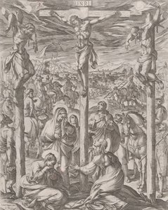 Kristus ukřižovaný mezi dvěma zloději, třemi Mariemi u paty kříže, 1612.