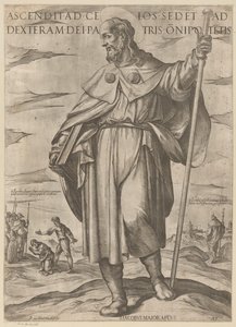 Heilige Jakobus de Meerdere Ten, kdo vystoupil do nebe, sedí po pravici Boha Otce všemohoucího (titul na předmětu) Kristus, Marie en de apoštol (název série) od Antonio Tempesta