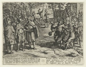 Staří batávští muži kupují své služby Římanům, 69-70 The Batavian Revolt (název série) Batavorum cum Romanis Bellum, kukuřice. Tacito / The Batavian Oft Oude Hollandtsche Krijghe teghen de Romeynen (název série na objektu) od Antonio Tempesta