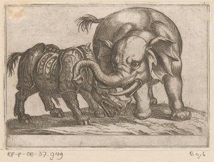 Een neushoorn vecht met een olifant Vechtende dieren (series title)   1362397   cs       czech Successfully Translated  Original: Trompe lOeil with Falconers Bag and other Equipment for Falconry Translat: Trompe l