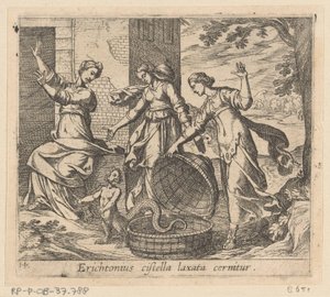 Erichthonius uit zijn mand gelaten Erichthonius je viděn s volným košem (titul na předmětu) Metamorphoseon nebo transformace (název série) Metamorfosen van Ovidius (název série) od Antonio Tempesta