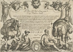 Frontispis s lovci, psy a koňmi, z „Loveckých scén VI“, 1609. od Antonio Tempesta