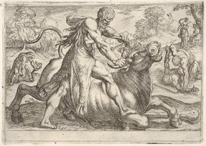 Hercules a Achelous: uprostřed Herkules uchopí rohy býka a stiskne jeho ri..., 1608. od Antonio Tempesta
