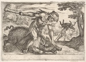Herkules a kanec z Erymanthus: Herkules drží kančí čenich levou rukou..., 1608.