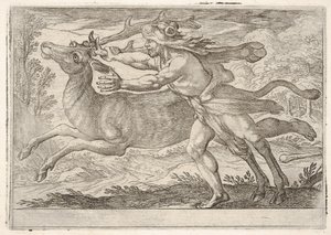 Herkules a zadní část hory Cerynea: Herkules kráčí podél zadní části a uchopí..., 1608. od Antonio Tempesta