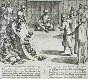 Za přítomnosti Almanzora Gonzalo Gustos rozpoznává useknuté hlavy svých synů od Antonio Tempesta