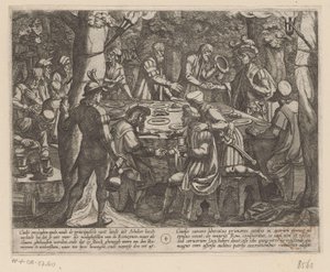 Julius Civilis říká holandským starším lidem, že s nimi Římané zacházejí jako s otroky Batavské války proti Římanům (název série) Batavorum cum Romanis Bellum (název série) od Antonio Tempesta