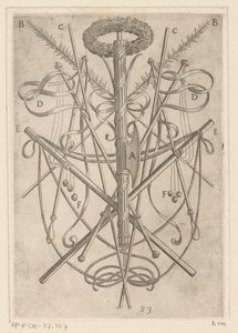 Ornament s mučícími nástroji Mučení křesťanských mučedníků (název série) Varia tormentorum et supplicioru rawlium (...) (název série) od Antonio Tempesta