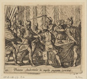 Phineus verstoort de svatba Persea v Andromedě Phineus vyprovokuje Andromedu k boji na její svatbě (titul na předmětu) Metamorphoseon nebo transformace (název série) Metamorfosen van Ovidius (název série) od Antonio Tempesta