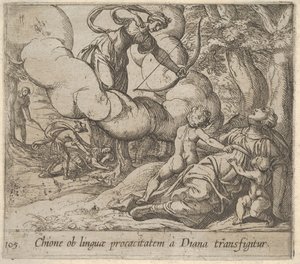 Talíř 105: Diana míří lukem směrem k Chione, kterou doprovázejí dvě děti, v anot..., 1606. od Antonio Tempesta