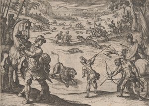 Deska 11: Alexandrův lov na lva, z Činy Alexandra Velikého, 1608., od Antonio Tempesta