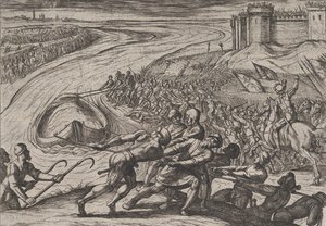 Talíř 12: Vytažení plavidla naloženého obilím na břeh, z Války Římanů proti ..., 1611. od Antonio Tempesta