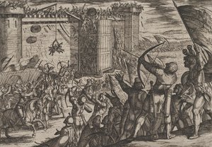Deska 14: Nový útok na starou pevnost, z Války Římanů proti Bataviánům..., 1611. od Antonio Tempesta