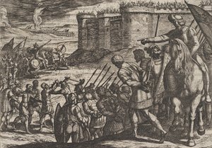 Deska 16: Římští zajatci před starou pevností, z Války Římanů proti B..., 1611. od Antonio Tempesta