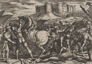 Deska 17: Římané svedeni Civilisovým koněm, aby uvěřili, že je mrtvý nebo zraněný, od..., 1611. od Antonio Tempesta