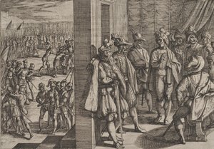 Talíř 18: Tajné setkání Civilis s dalšími vůdci z Trevíru, z Války Romů..., 1611. od Antonio Tempesta