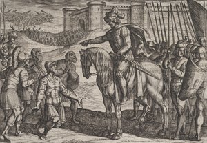 Talíř 19: Muži z pevnosti se vzdávají a slibují své životy Civilis, z The War ..., 1611. od Antonio Tempesta