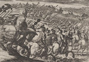 Talíř 25: Římský velitel Cerialis útočí u Trevíru, z Války Římanů Agai..., 1611. od Antonio Tempesta