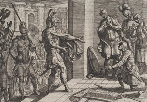 Deska 26: Cerialis omilostňuje a osvobozuje římské vojáky, kteří pomáhali Civilis, z The Wa..., 1611. od Antonio Tempesta