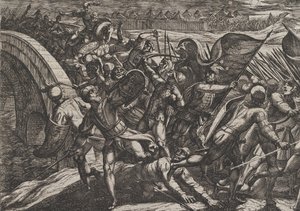 Talíř 27: Holanďané během překvapivého útoku na římský tábor na Mosele, z Wa..., 1611. od Antonio Tempesta