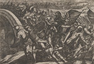 Talíř 27: Holanďané během překvapivého útoku na římský tábor na Mosele, z Wa..., 1611. od Antonio Tempesta