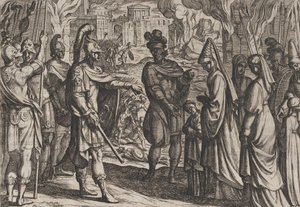 Talíř 28: Kolínská vojska přivádějí Civilisovu manželku a sestru do Cerialis, z Války R..., 1611. od Antonio Tempesta