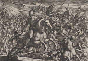 Deska 30: Cerialis Hnací Holanďany do Rýna, z Války Římanů proti..., 1611. od Antonio Tempesta