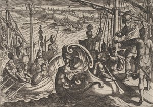 Deska 33: Holandské a římské flotily na Rýně, z Války Římanů proti B..., 1611. od Antonio Tempesta