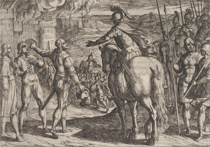 Talíř 34: Římané vypalující holandský venkov, z Války Římanů proti..., 1611. od Antonio Tempesta